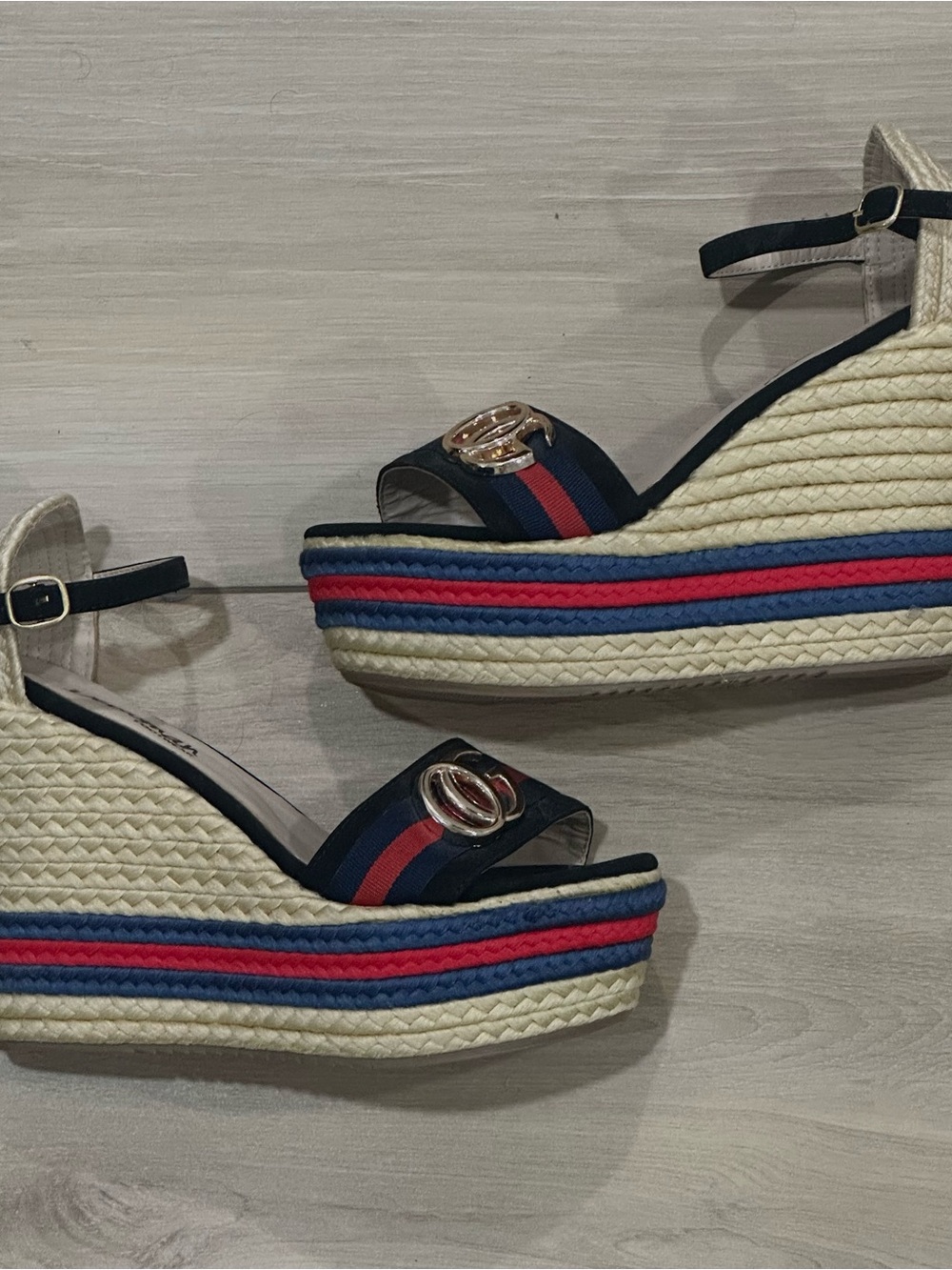 Navy Red Stripe Espadrille Wedge Sandals